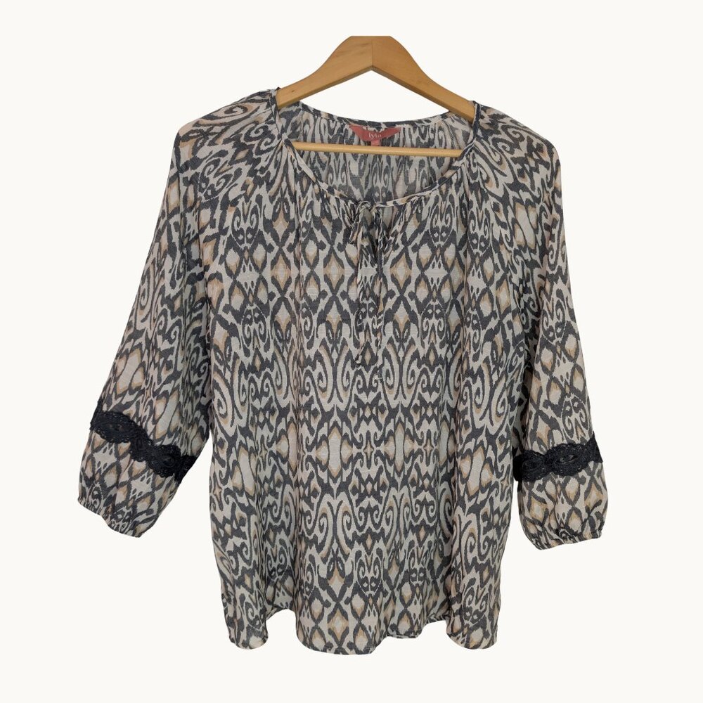 Ikat Print Boho Blouse Iyla Lace Bishop Sleeve Hi-Lo | Size L | NWOT
